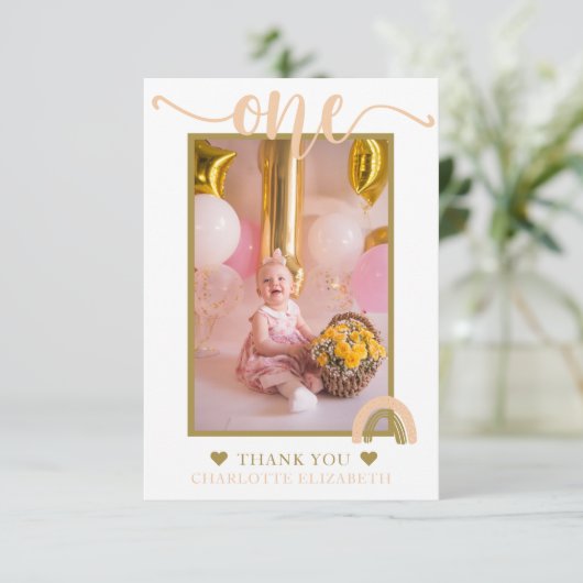 Pink Gold Boho Rainbow First Birthday Foto Bedankkaart (Staand voorkant)