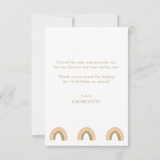 Pink Gold Boho Rainbow First Birthday Foto Bedankkaart (Achterkant)
