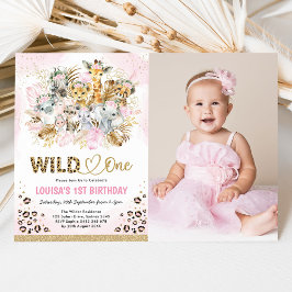 Pink Gold Boho Safari Wild One Photo Birthday Girl Kaart