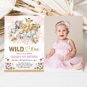 Pink Gold Boho Safari Wild One Photo Birthday Girl Kaart