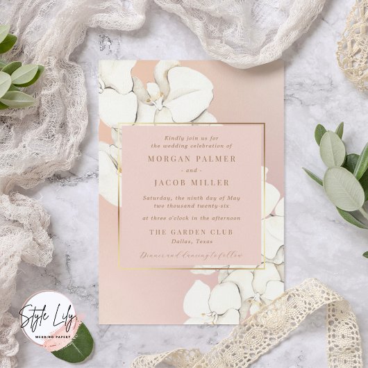 Pink Gold Botanical Orchid Floral Wedding Kaart