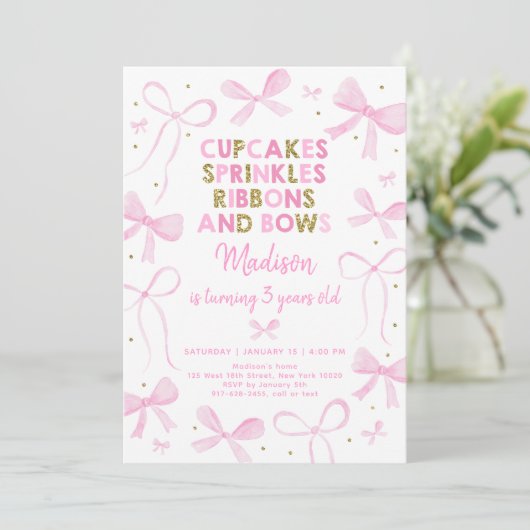 Pink Gold Bow Birthday Kaart (Staand voorkant)