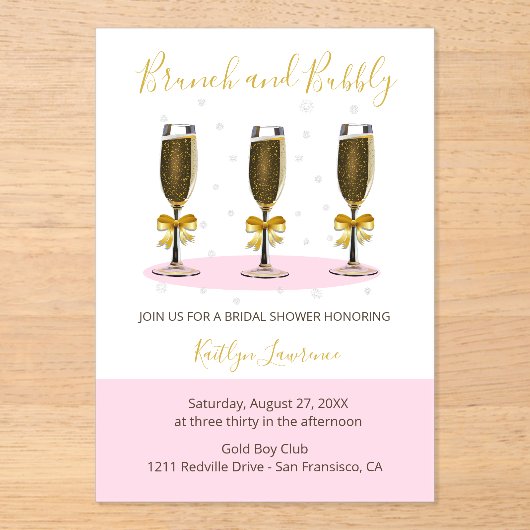 Pink Gold Brunch and Bubbly Bridal Shower Acryl Uitnodigingen (Voorkant)