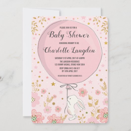 Pink Gold Bunny Rabbit Baby shower Tea Party Kaart (Voorkant)