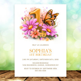 Pink Gold Butterfly Floral 1st Birthday Party Kaart