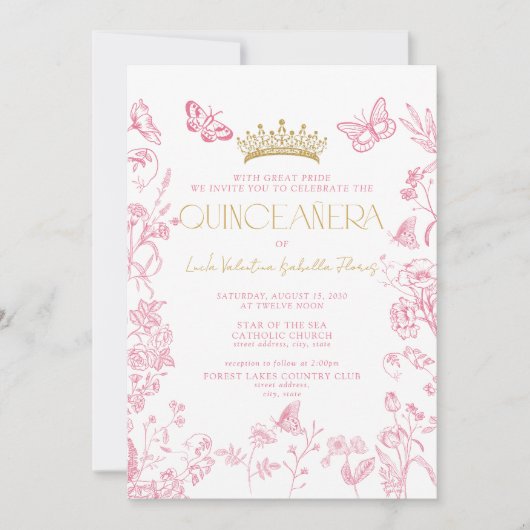 Pink Gold Butterfly QR Quinceañera Mis Quince Años Kaart (Voorkant)
