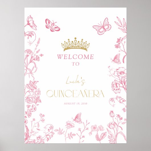 Pink Gold Butterfly Quinceañera Welkom Poster (Voorkant)