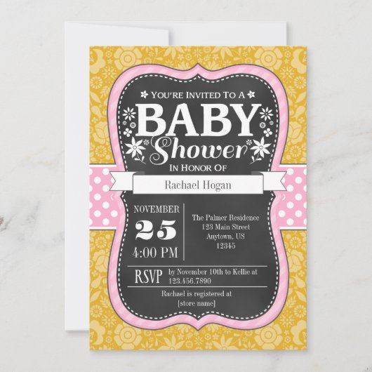 Pink Gold Chalkboard Floral Baby shower Invite Kaart (Voorkant)