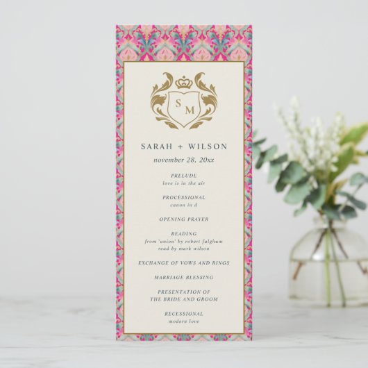 Pink Gold Classy Floral Laurel Wedding Programma (Staand voorkant)