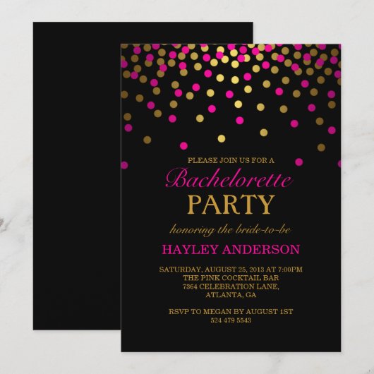Pink & Gold Confetti Bachelorette Uitnodiging (Voorkant / Achterkant)