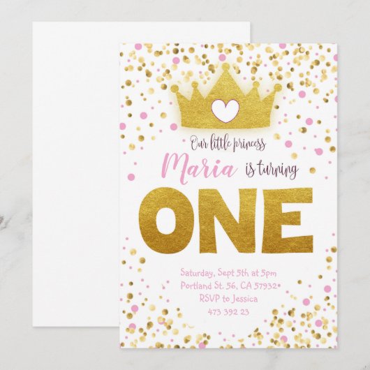 Pink Gold Confetti Princess Birthday Uitnodiging  (Voorkant / Achterkant)