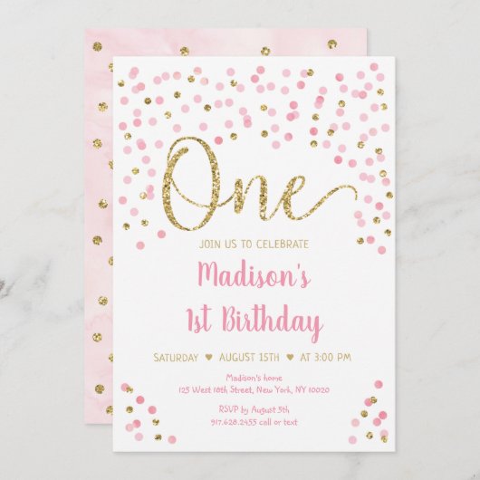 Pink Gold Confetti Waterverf eerste verjaardag Kaart (Voorkant / Achterkant)