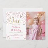 Pink Gold Confetti Waterverf Eerste verjaardag Uit Kaart (Voorkant)