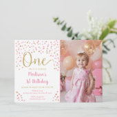 Pink Gold Confetti Waterverf Eerste verjaardag Uit Kaart (Staand voorkant)