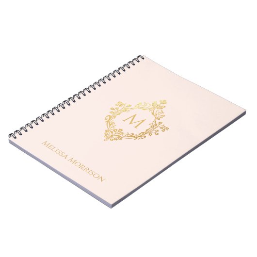 Pink Gold Crest Monogram en Naam  Elegant Notitieboek (Linkerzijde)
