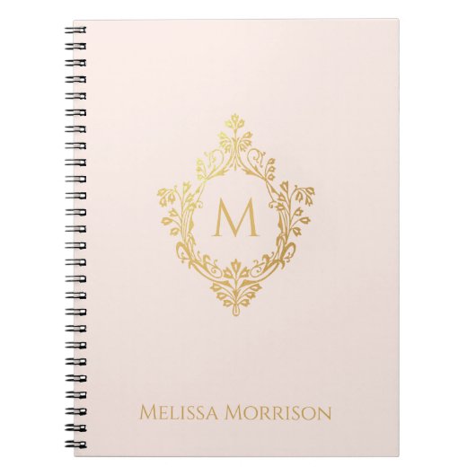 Pink Gold Crest Monogram en Naam  Elegant Notitieboek (Voorkant)