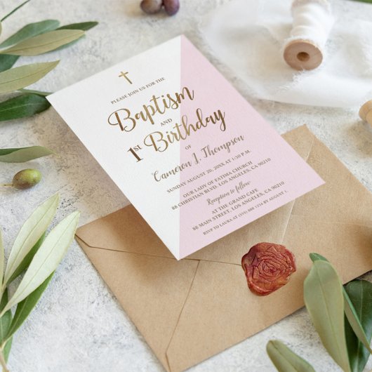 Pink Gold Cross Baptisme 1e verjaardag Kaart