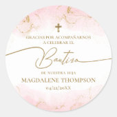 Pink Gold Cross Girl Baptism Bautizo Ronde Sticker (Voorkant)