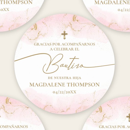 Pink Gold Cross Girl Baptism Bautizo Ronde Sticker