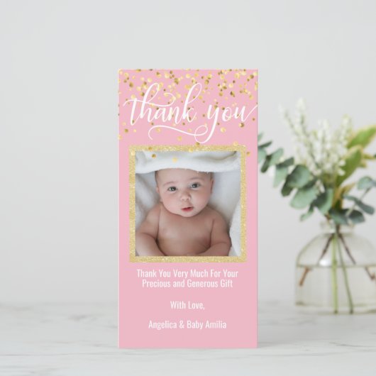 Pink Gold DANK JE Baby shower GIRL | FOTO Bedankkaart (Staand voorkant)