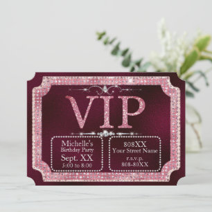 Pink & Gold Diamanten Glitter Burgundy VIP Ticket Kaart