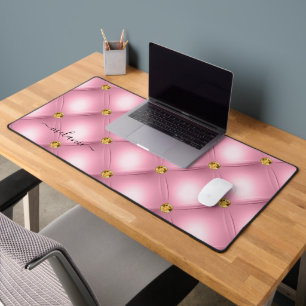 Pink Gold Diamond Tufted Desk Mat met Jouw naam