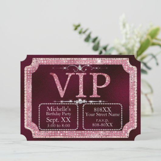 Pink & Gold Diamonds Glitter Bourgogne VIP Ticket Kaart (Staand voorkant)