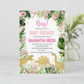 Pink Gold Dinosaur Baby Shower Kaart (Staand voorkant)