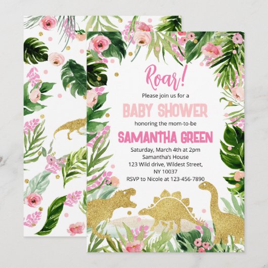 Pink Gold Dinosaur Baby Shower Kaart (Voorkant / Achterkant)
