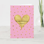 Pink Gold Dots Heart Birthday Kaart (Voorkant)