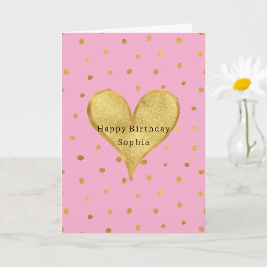 Pink Gold Dots Heart Birthday Kaart (Kleine Plant)
