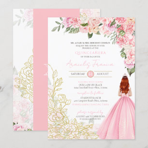 Pink Gold Elegant Floral  Dress Quinceanera Kaart