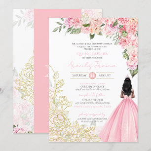 Pink Gold Elegant Floral Dress Quinceañera Kaart