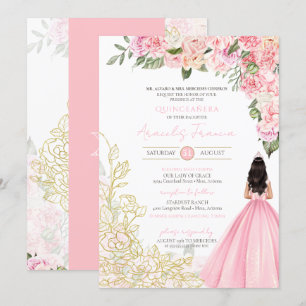 Pink Gold Elegant Floral Dress Quinceañera Kaart