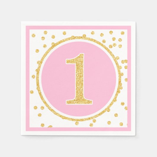 Pink Gold Faux Glitter Confetti 1e verjaardag Servetten (Voorkant)