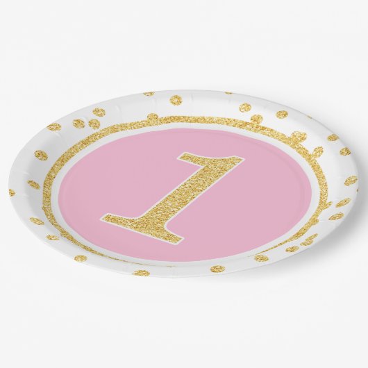 Pink Gold Faux Glitter Confetti 1ste verjaardag Papieren Bordje (Gekanteld)