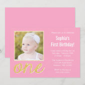 Pink Gold Faux Glitter Foto 1e verjaardag Kaart (Voorkant / Achterkant)