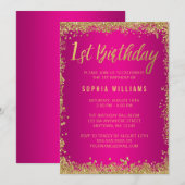 Pink Gold Faux Glitter Girl 1e verjaardag Kaart (Voorkant / Achterkant)