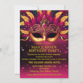 Pink Gold Feathers Masks Masquerade Birthday Party Kaart (Voorkant)