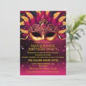 Pink Gold Feathers Masks Masquerade Birthday Party Kaart (Staand voorkant)