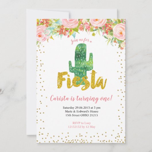 Pink Gold Fiesta Eerste Verjaardag uitnodiging (Voorkant)
