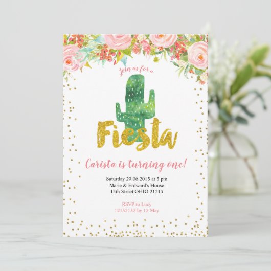 Pink Gold Fiesta Eerste Verjaardag uitnodiging (Staand voorkant)