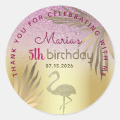 Pink Gold Flamingo 5th Birthday Ronde Sticker (Voorkant)