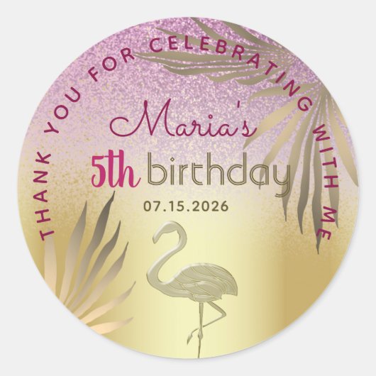 Pink Gold Flamingo 5th Birthday Ronde Sticker (Voorkant)