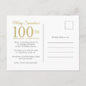 Pink Gold Floral 100th Birthday Party Uitnodiging Briefkaart (Achterkant)