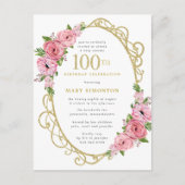 Pink Gold Floral 100th Birthday Party Uitnodiging Briefkaart (Voorkant)