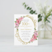 Pink Gold Floral 100th Birthday Party Uitnodiging Briefkaart (Staand voorkant)