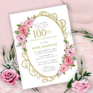 Pink Gold Floral 100th Birthday Party Uitnodiging Briefkaart