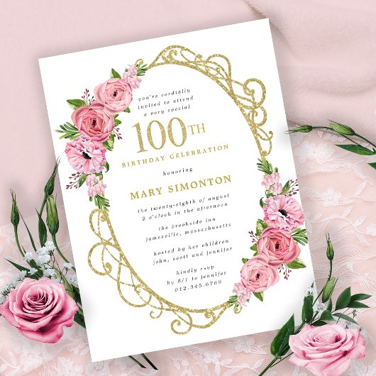 Pink Gold Floral 100th Birthday Party Uitnodiging Briefkaart