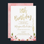 Pink Gold Floral 18e verjaardag Kaart<br><div class="desc">Pink Gold Floral 18e verjaardag  

Zoete en elegante roze en gouden 18-tiende verjaardag met enkele nepbladzijden,  champagneglas en roze waterverf rozen.  Dit is een mooie manier om gasten uit te nodigen voor je aanstaande 18e verjaardagsfeestje.</div>